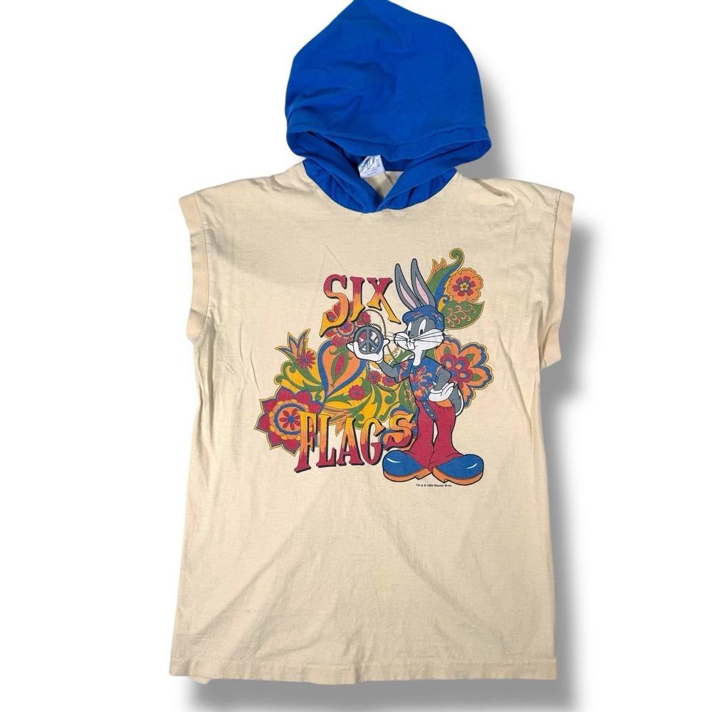 Vintage 90s Six Flags Bugs Bunny Peace Sign Hoodie Sleeveless‎ t-shirt Large